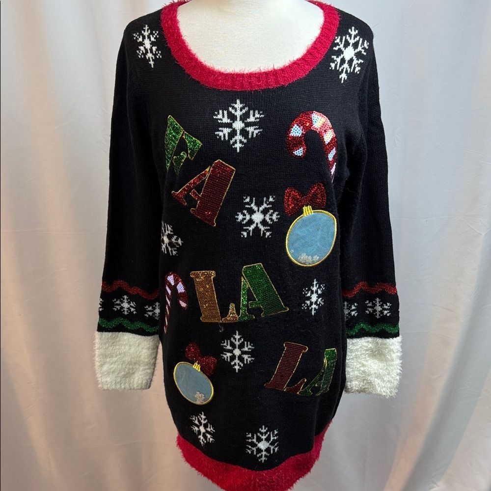 United States Sweaters Black and Red Fa La La Festive Tunic Sweater, Large